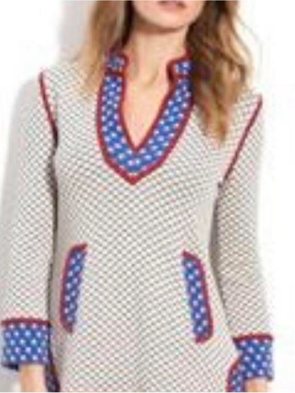 Tory Burch Cream Sweater with Blue and Red V-Neck Accents